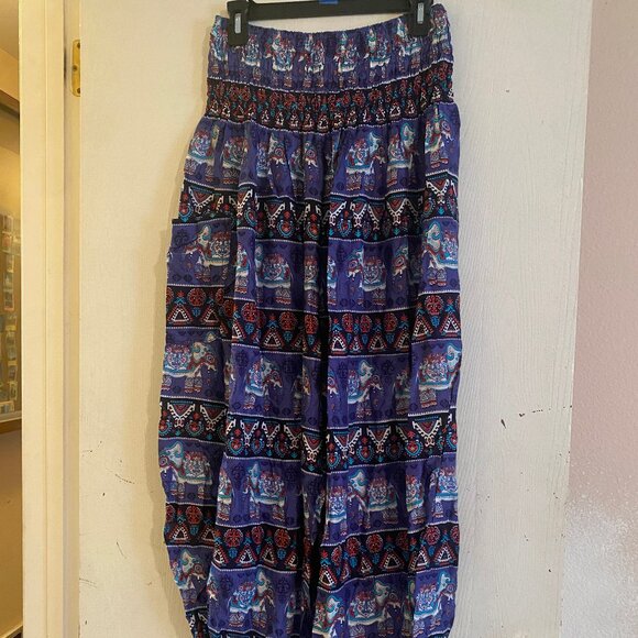 HaremPants Pants - Harem Women's Bohemian Smocked Pants Harem Clothing Hippy Boho Blue Size XL